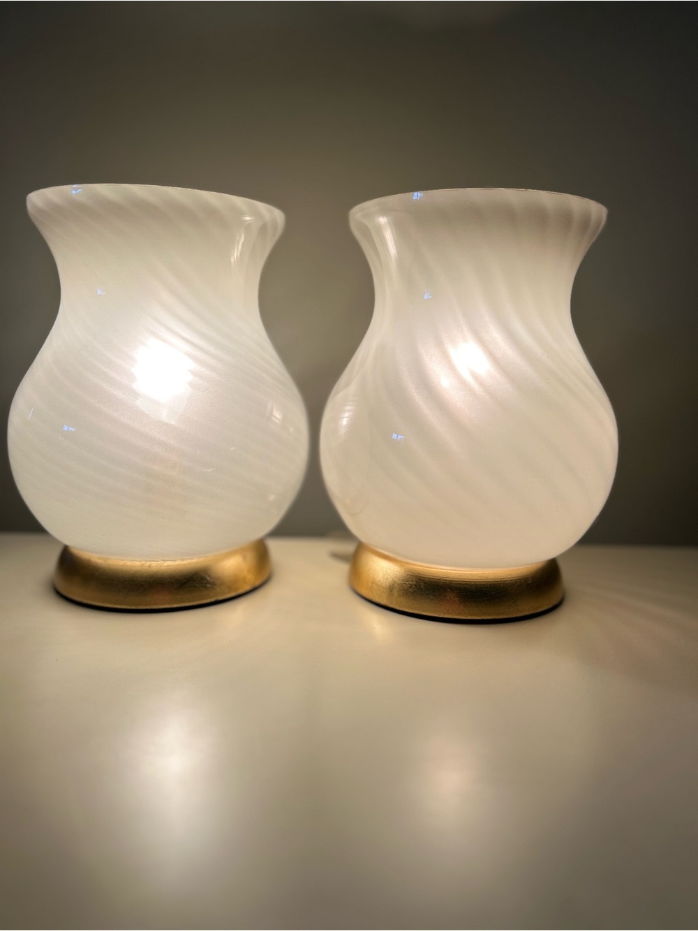 Pair Vintage 1970s Mid-Century Italian Murano White Swirl Art Glass Table Lamp